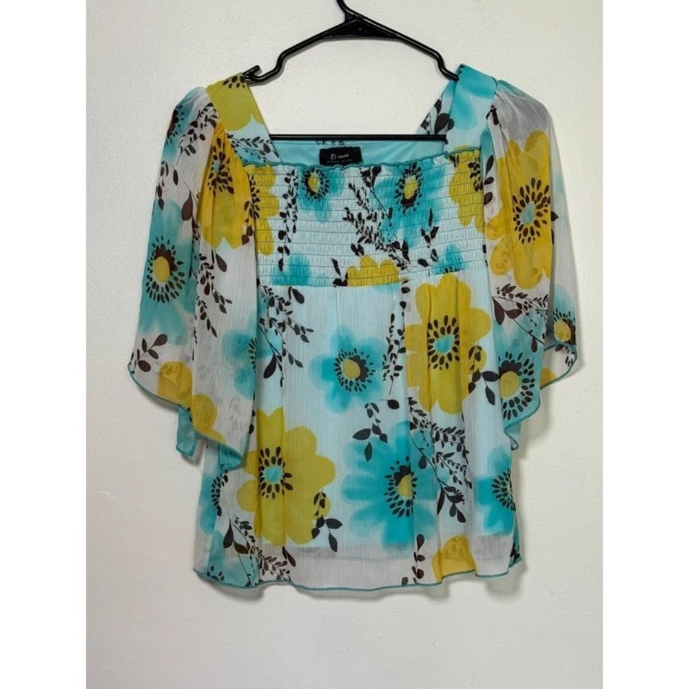 B-Wear‎ Byer Girl Kids Floral Smocked Flutter Sleeve Blouse Turquoise Yellow L